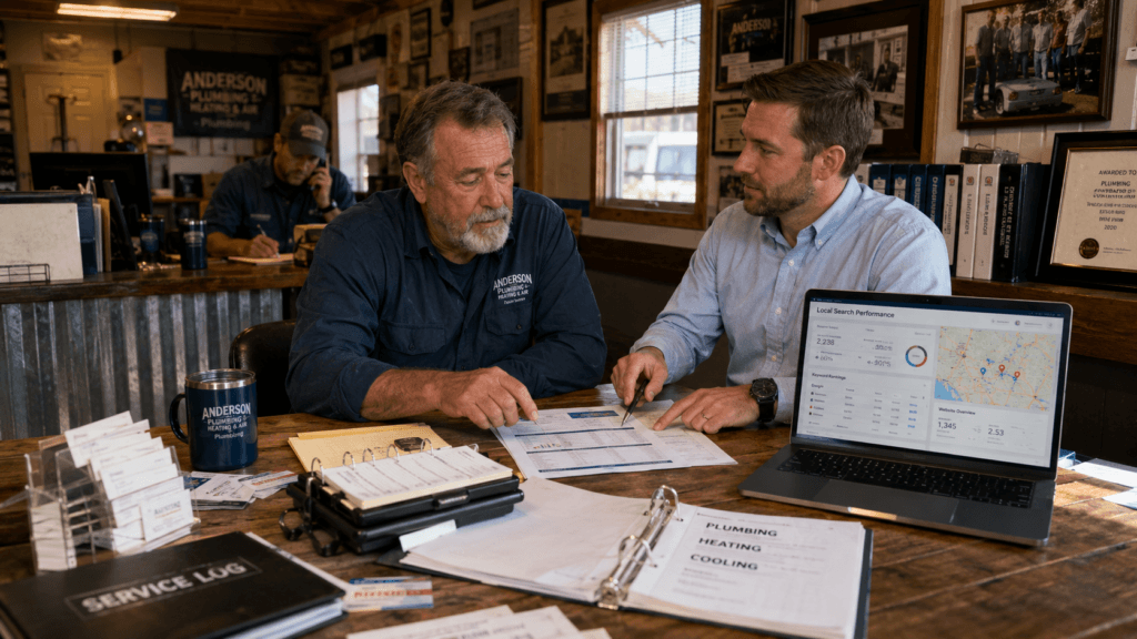IMage of 2 men talking for the blog, From Referrals To Search Results: Preparing Your Legacy Trade Business For Acquisition