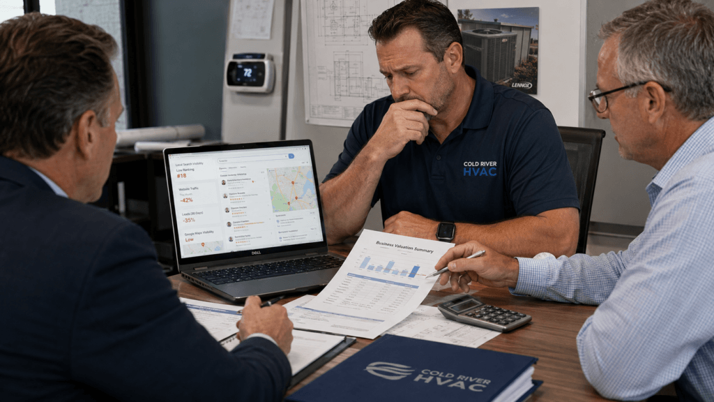Image of an HVAC business owner in a meeting for the blog, HVAC Business Valuation: Why Low Google Visibility Costs You at the Closing Table