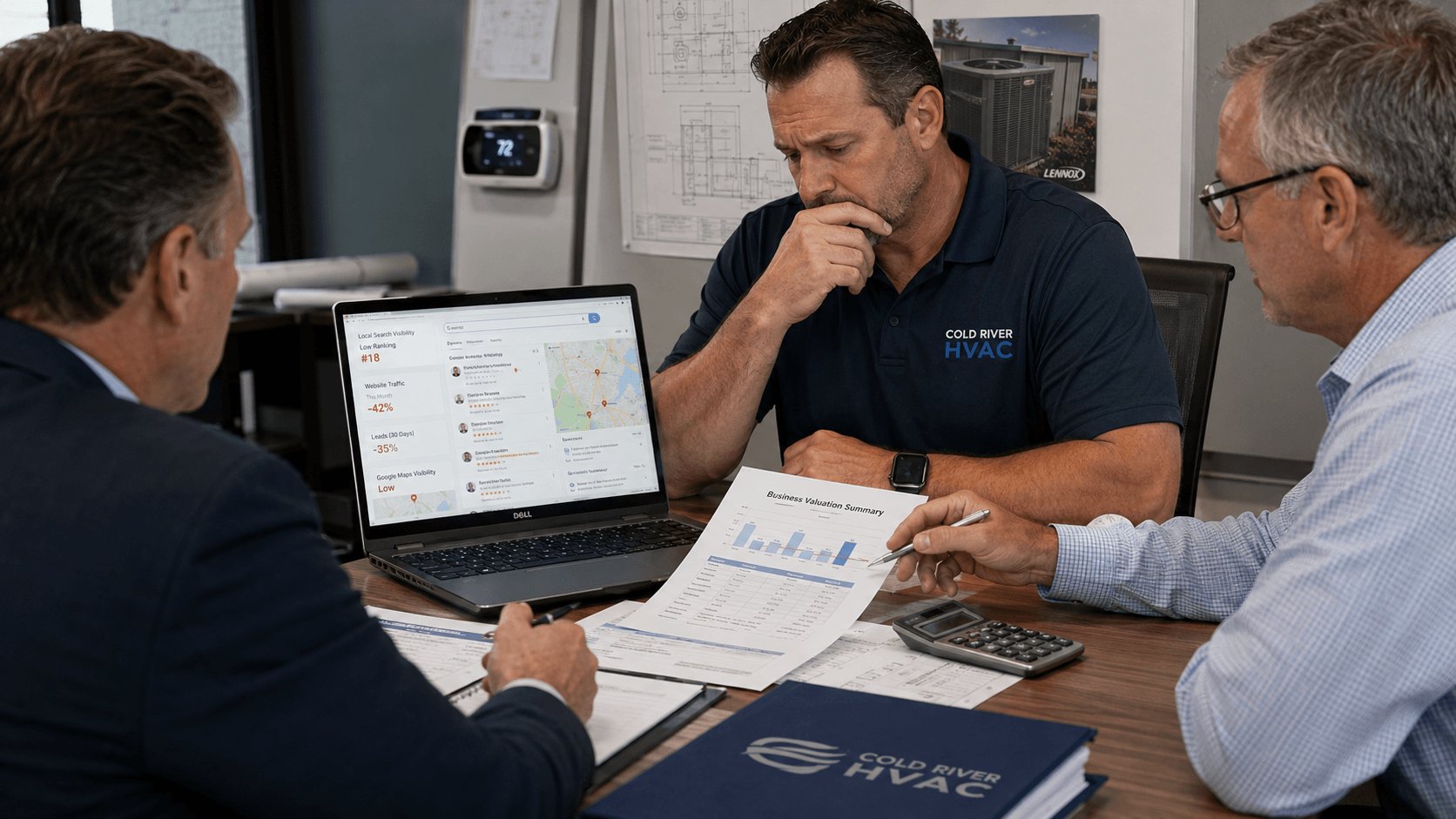 Image of an HVAC business owner in a meeting for the blog, HVAC Business Valuation: Why Low Google Visibility Costs You at the Closing Table