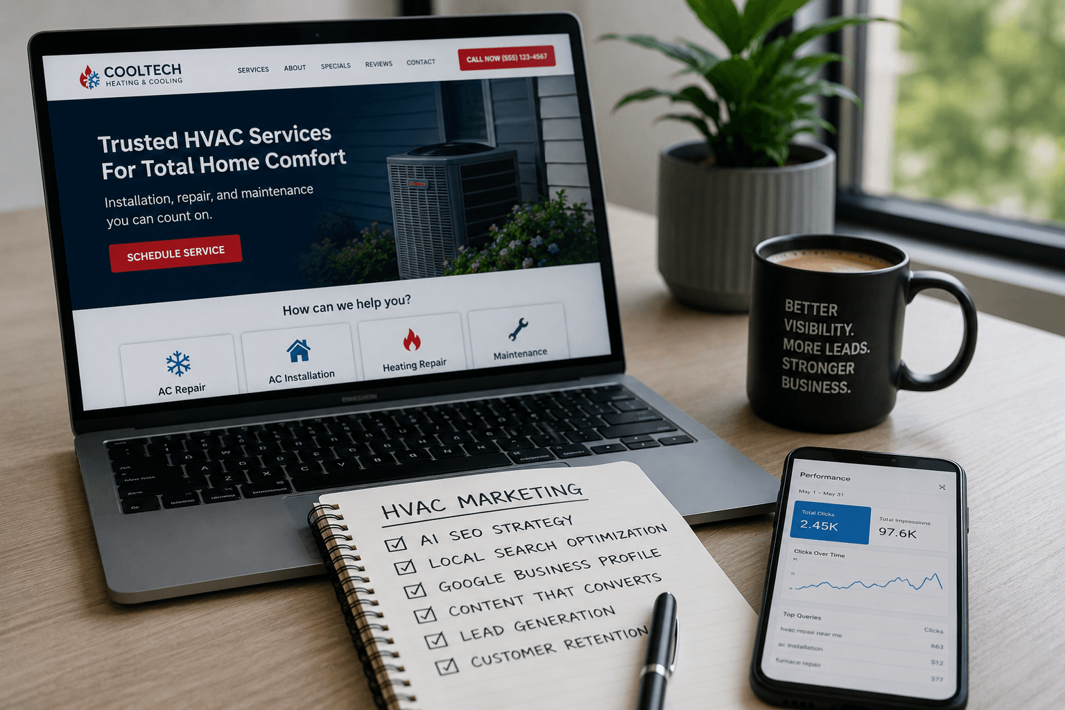 Image of a laptop, notebook, and smartphone for the blog, How AI is Changing HVAC Marketing – A Guide for Modern Contractors