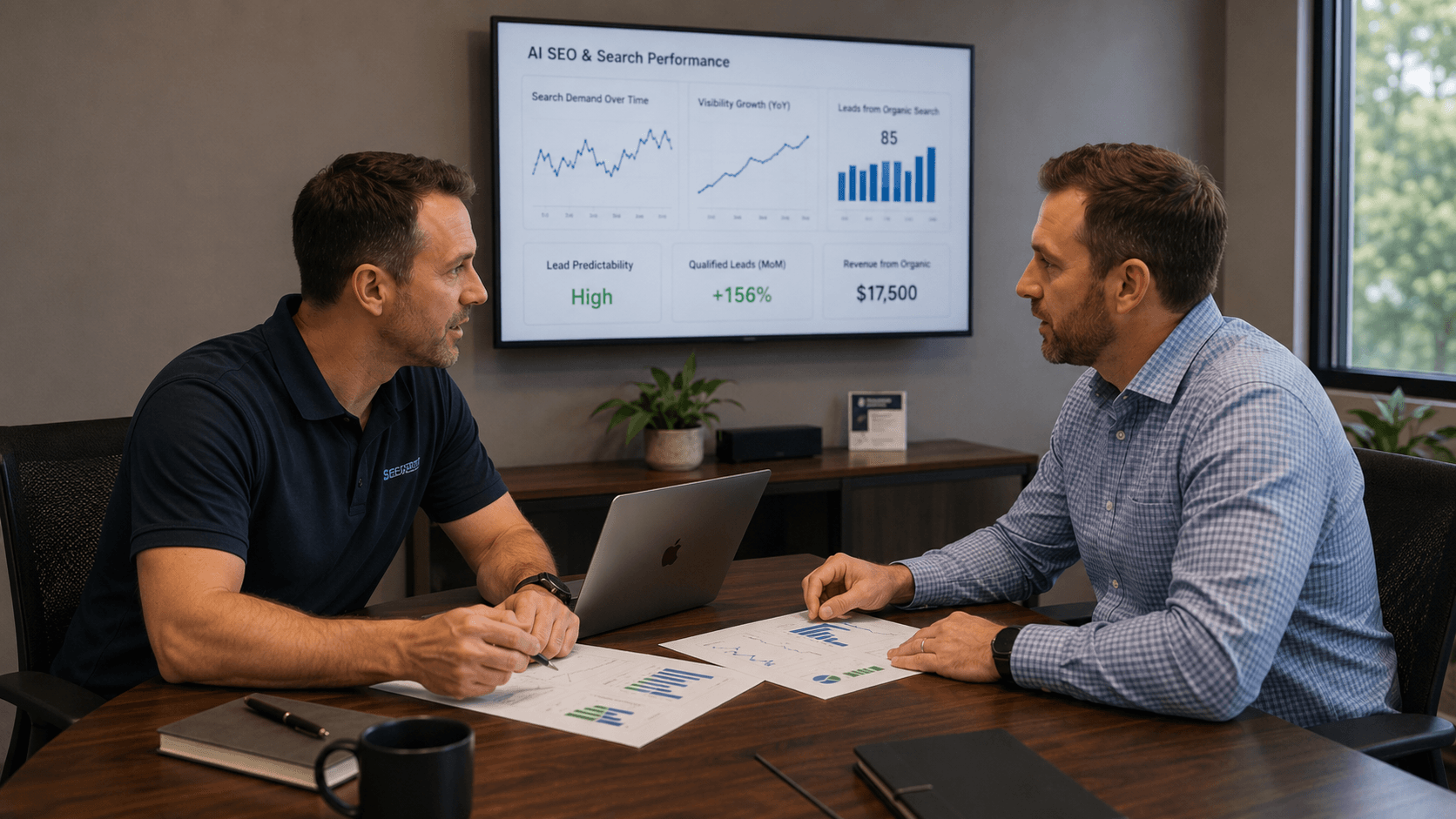 2 men discussing something for the blog, How to Prove Lead Predictability to Buyers Using AI SEO and Search Data