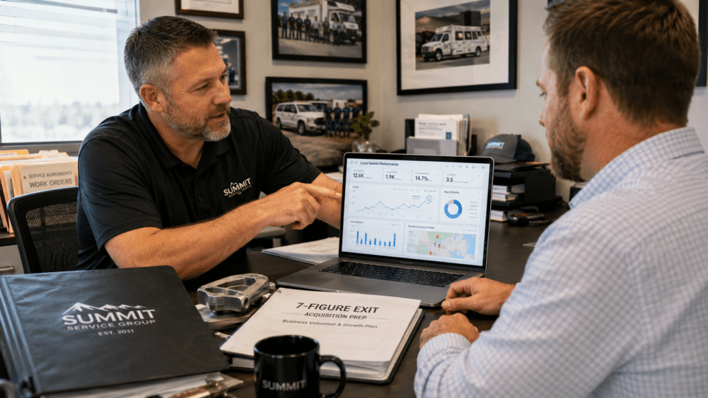 Image of a technician presenting to another man for the blog, How to Scale Your Trade Business Visibility for a 7-Figure Exit