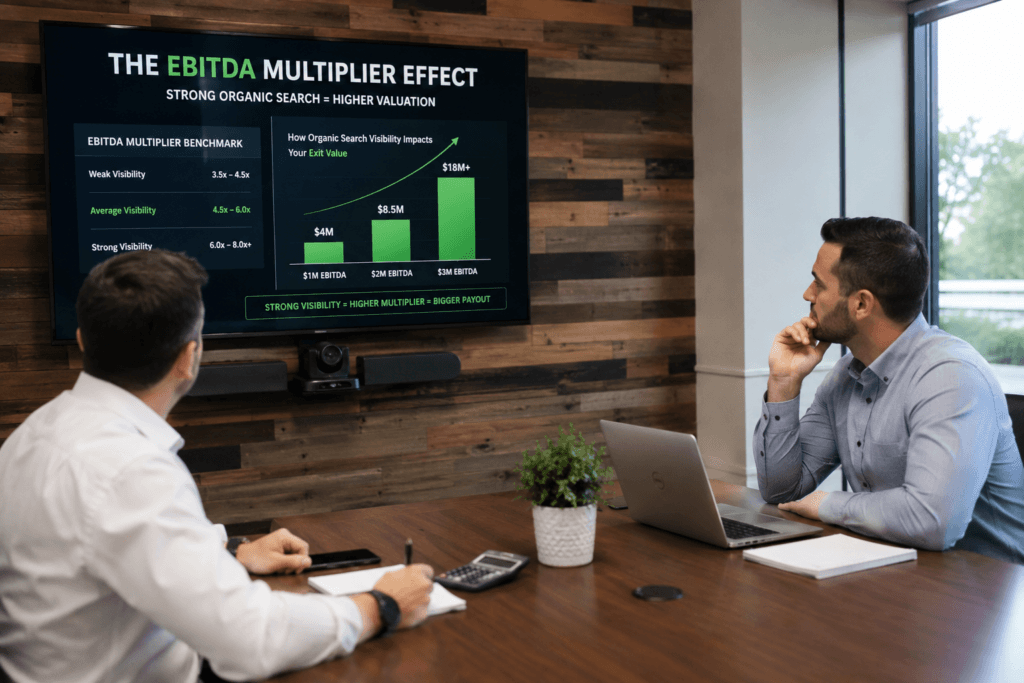 Image of 2 men looking at a presentation for the blog, Maximize The EBITDA Multiplier – How Organic Search Adds Millions to Your HVAC Exit Price