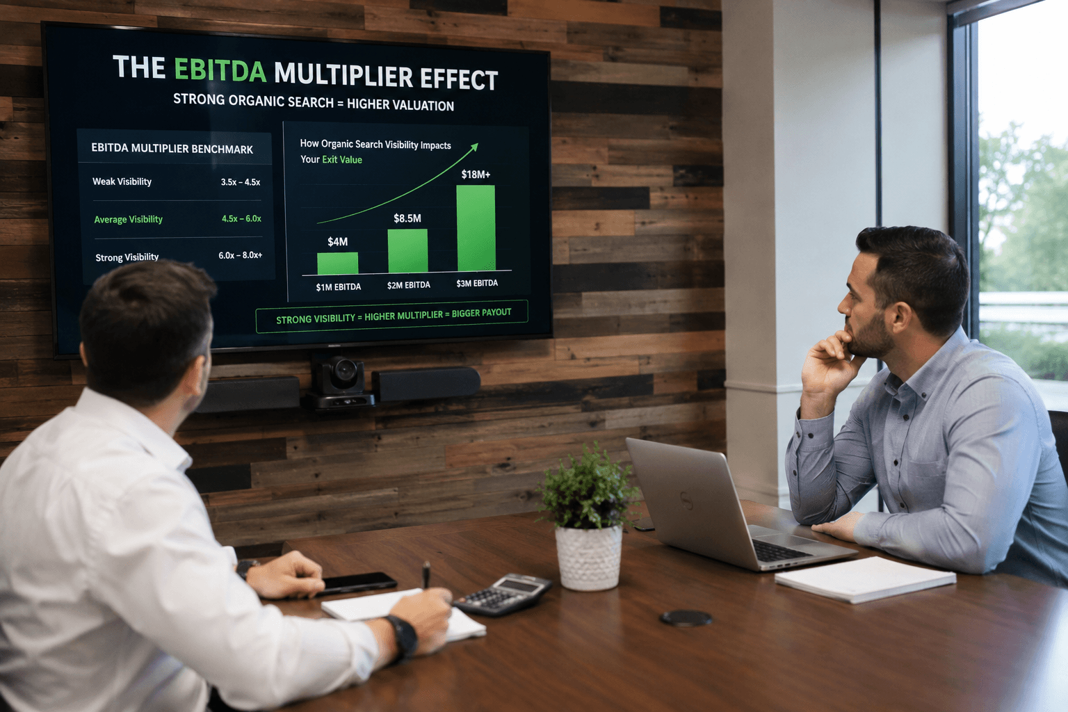 Image of 2 men looking at a presentation for the blog, Maximize The EBITDA Multiplier – How Organic Search Adds Millions to Your HVAC Exit Price