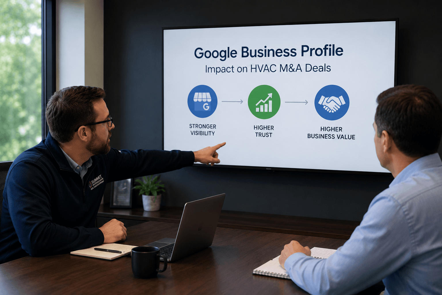 2 men discussing a visual aid for the blog, The Impact of Google Business Profile on HVAC Merger and Acquisition Deals