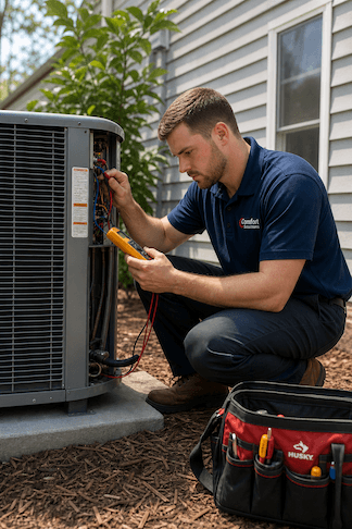 HVAC technician fixing an air conditioner outside.